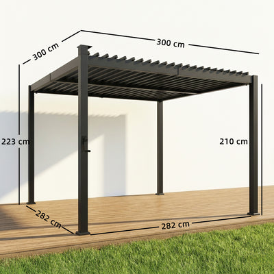 Outsunny 3 x 3 m Louvered Pergola with Solar LED lights, Metal Roof, Patio Gazebo Pergola Canopy with Drainage Gutters, Black 