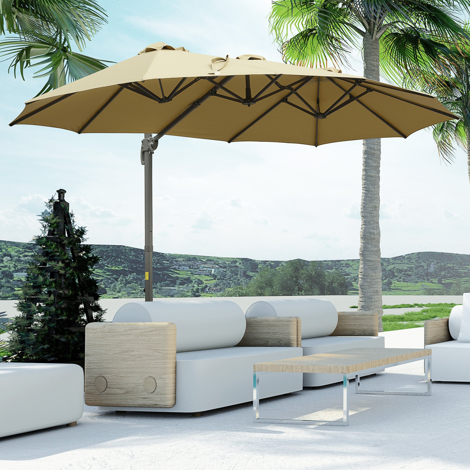 Outsunny 4.5\'c2\'a0m Patio Parasol, Large Double-Sided Rectangular Garden Umbrella with Crank Handle, 360\'c2\'b0 Cross Base for Bench, Outdoor, Khaki