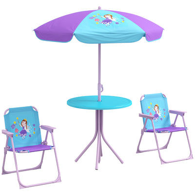 Outsunny Kids Picnic Table and Chair Set, Fairy Themed Outdoor Garden Furniture w/ Foldable Chairs, Adjustable Parasol 