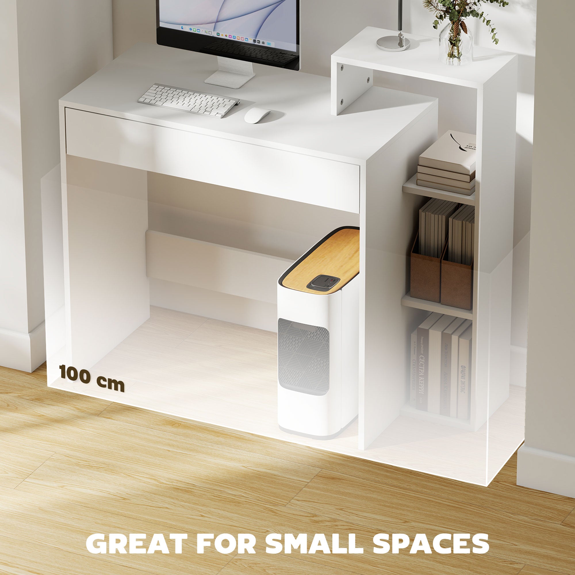 HOMCOM Desk with Storage, Computer Desk with 3 Open Shelves and Drawer, Workstation, Computer Table, White 