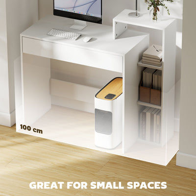 HOMCOM Desk with Storage, Computer Desk with 3 Open Shelves and Drawer, Workstation, Computer Table, White 