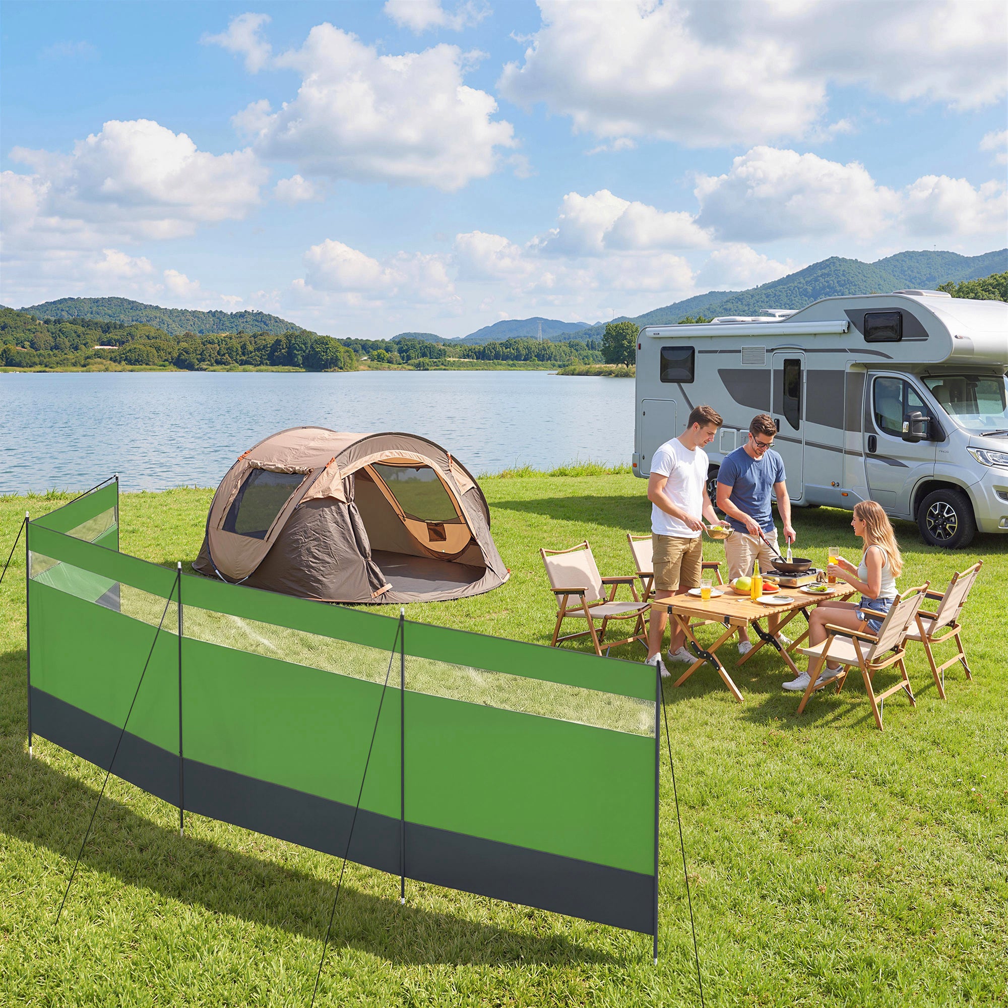 Outsunny Camping Windbreaker with Clear Windows, Carry Bag and Steel Poles, for Beach Caravan Campervan, 725 x 140cm, Army Green 