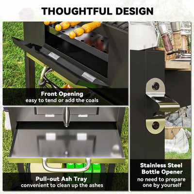 Outsunny Charcoal BBQ Grill with Height Adjustable Charcoal Pan, Portable Barbecue Smoker with Warming Rack, 3 Shelves, Temperature Gauge, Wheels, Bottle Opener for Outdoor Cooking Garden Party 