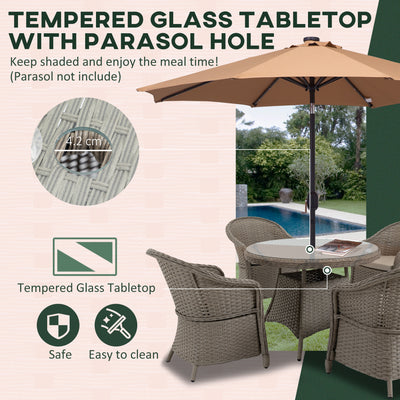 Outsunny 4 Seater Rattan Garden Furniture Set with Cushions, Round PE Rattan Dining Set with Glass-Top Table, Umbrella Hole, Outdoor Garden Table and Chairs, Mixed Grey 