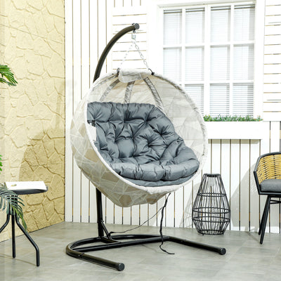 Outsunny Hanging Egg Chair Outdoor Indoor Garden Swing Chair with Folding Basket, Garden Hanging Chair with Stand, Thickened Cushion, Cup Holder for Patio, Balcony, Grey 