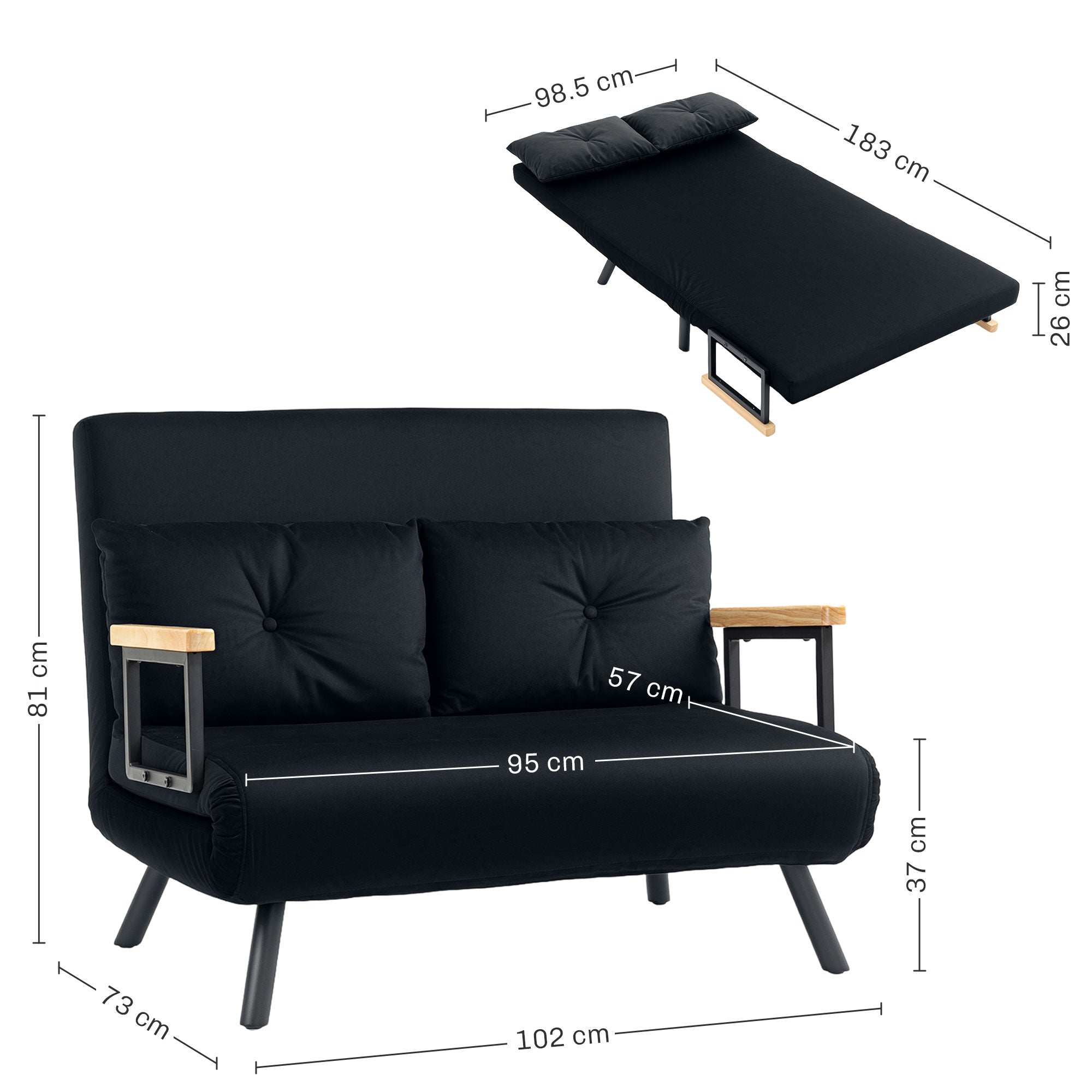 HOMCOM 4-in-1 Velvet-Feel Double Sofa Bed, with Pillows - Black 