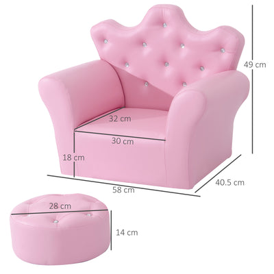 HOMCOM Children Kids Sofa Set Armchair Chair Seat with Free Footstool PU Leather for Girls 58L x 40.5W x 49H cm Pink 