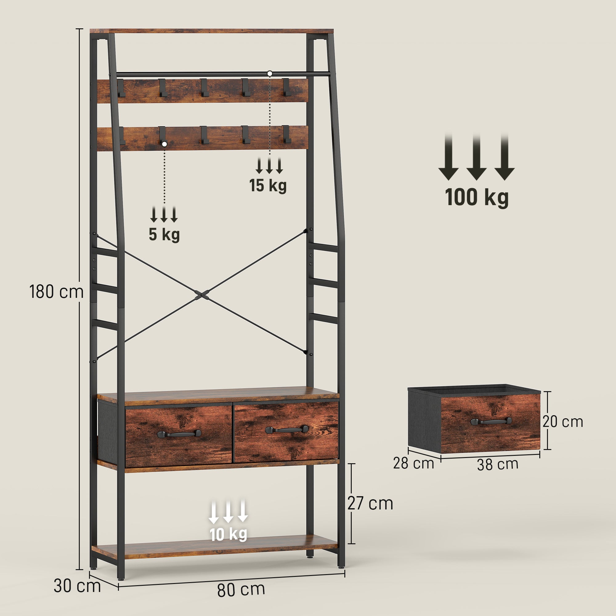 HOMCOM 6-in-1 Industrial-Style Hallway Organiser - Brown/Black 