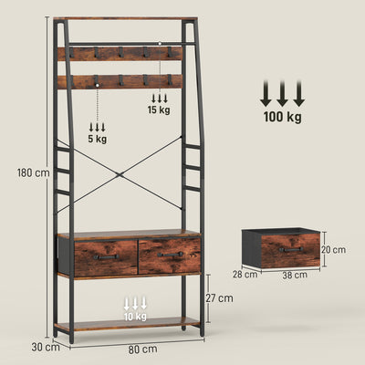 HOMCOM 6-in-1 Industrial-Style Hallway Organiser - Brown/Black 