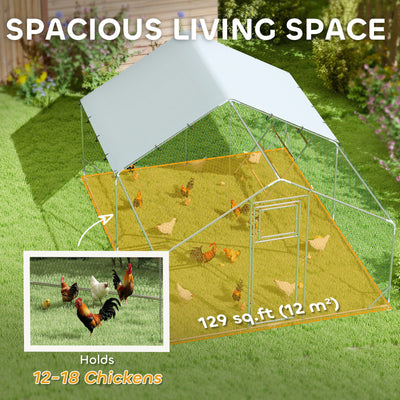PawHut Walk in Chicken Run w/ Cover, Feeding Door, Hanging Feeder, Perch, for 12-18 Poultry 