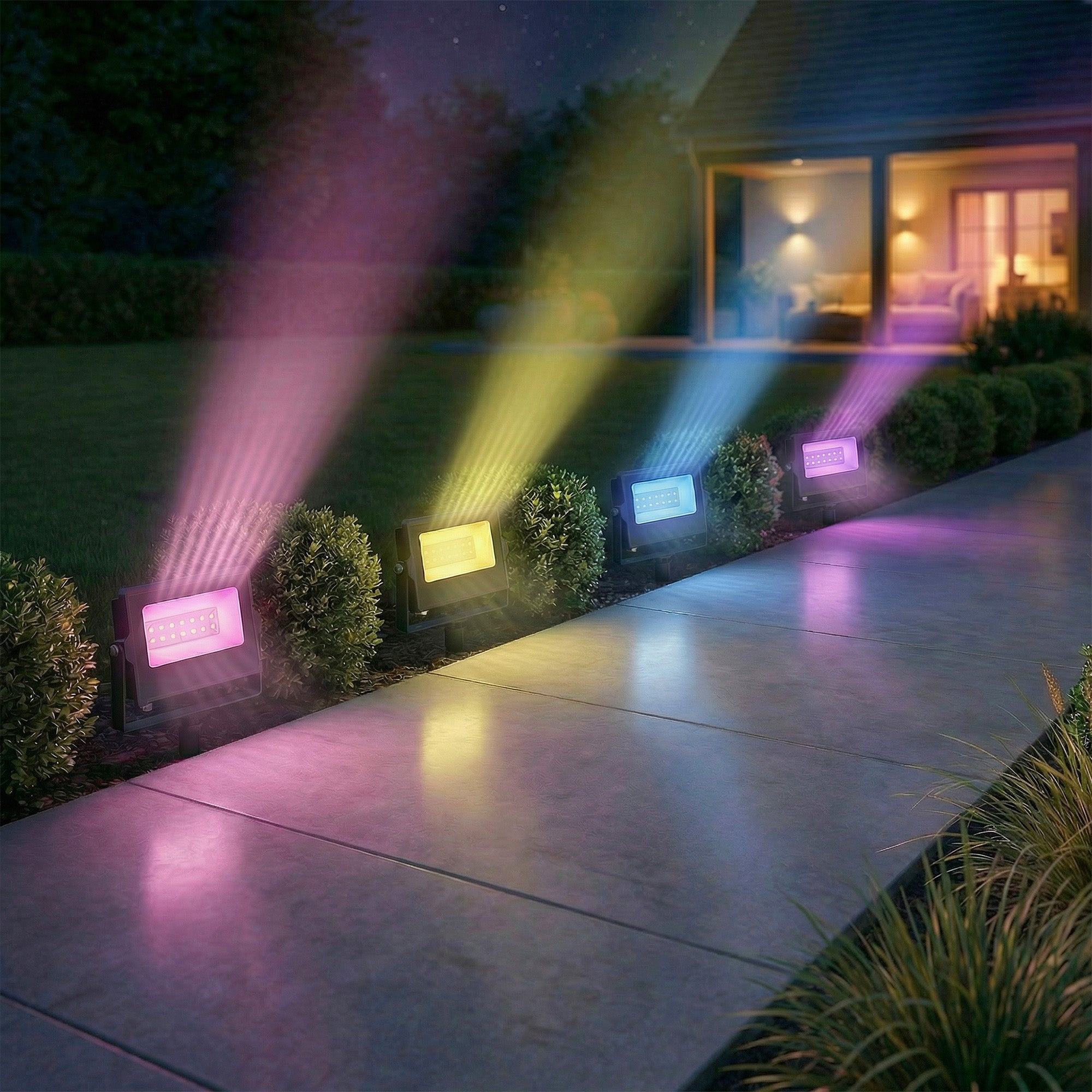Outsunny 32W LED Floodlights, Linkable 4-Pack Landscape Lighting with Remote Control, RGB Colour Changing, UK Plug, Black 