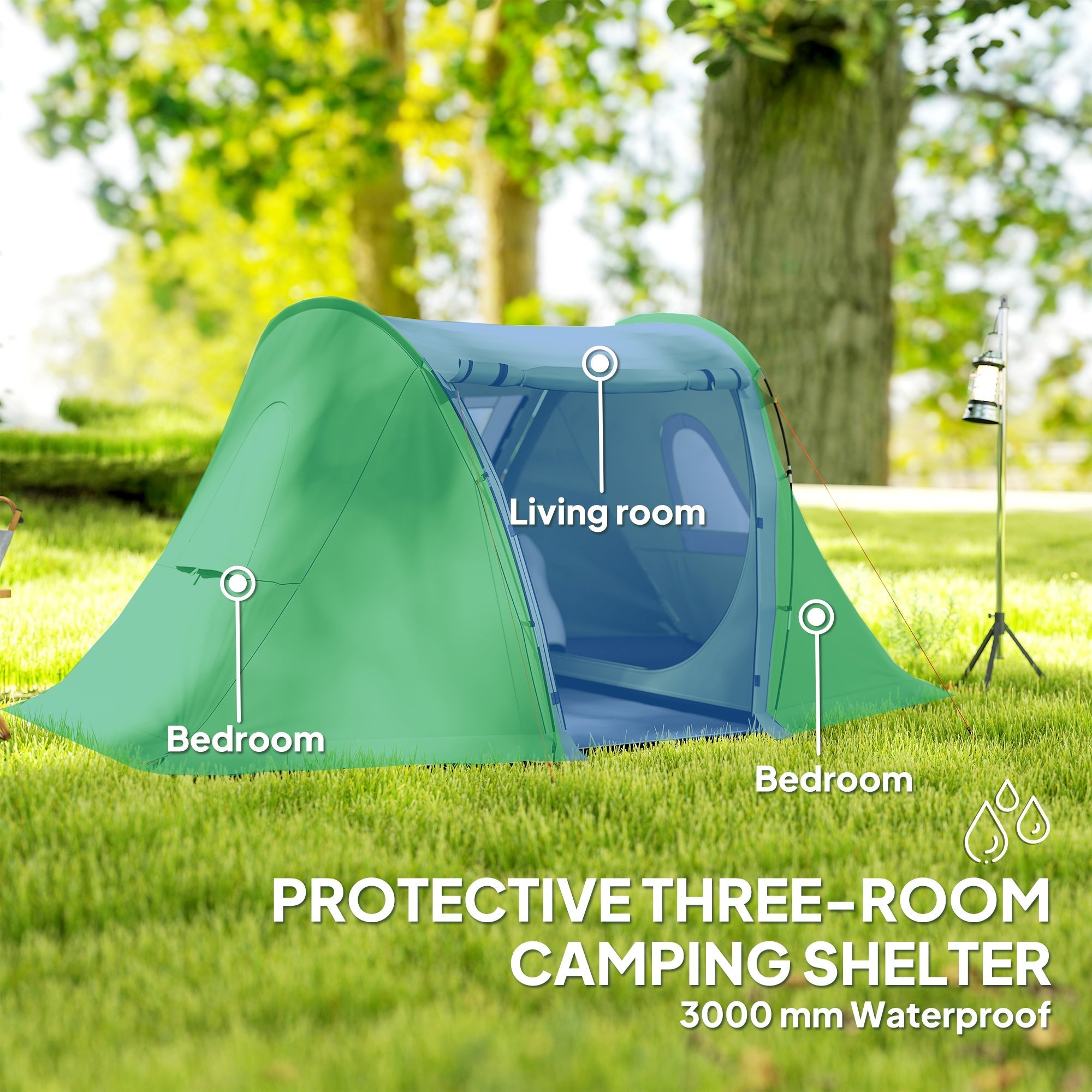 Outsunny 3 Man Camping Tent with Living Area and 2 Bedrooms, 3000mm Waterproof Family Tent with Sewn-in Groundsheet, Portable with Bag for Hiking, Festival, Backpacking, Green 