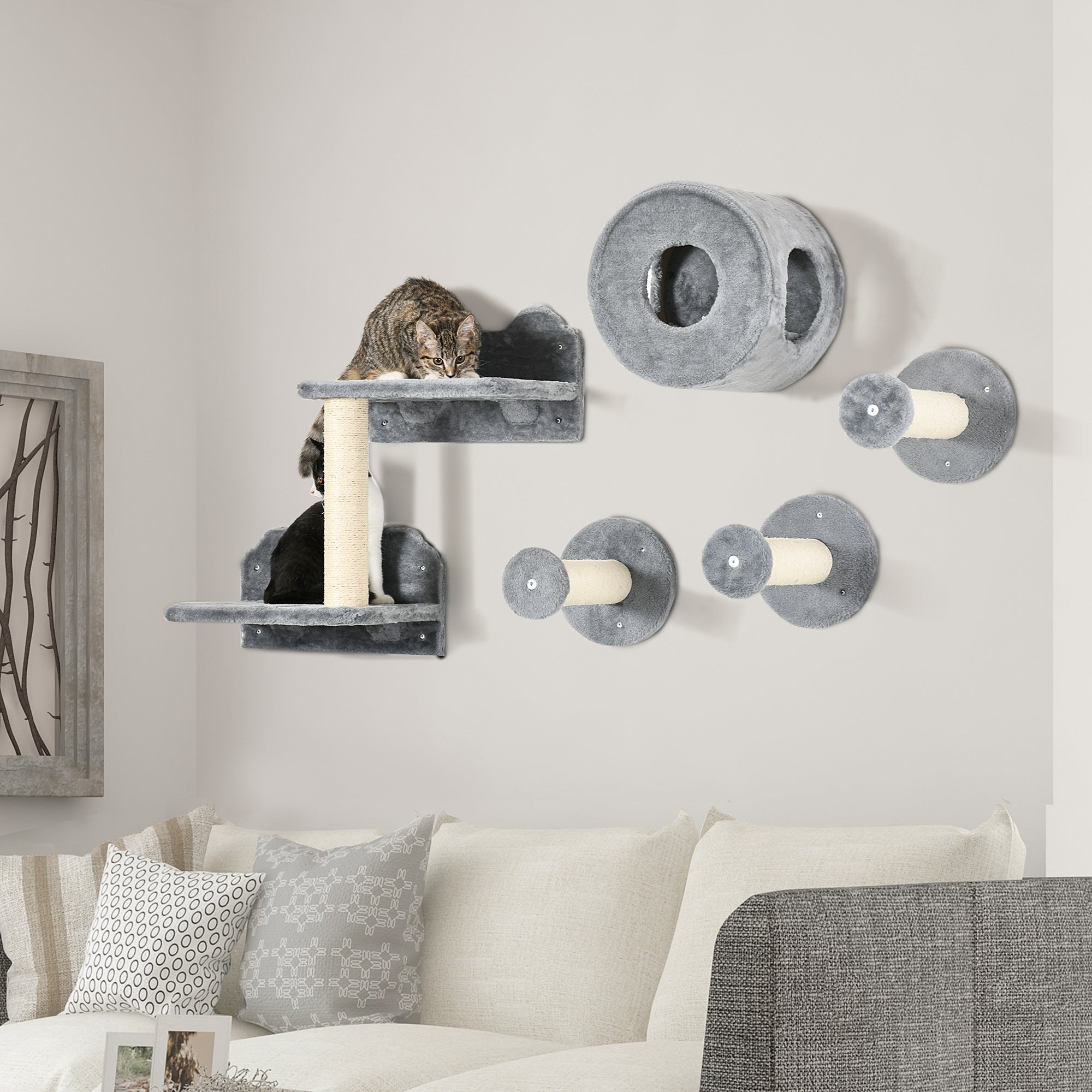 PawHut 5PCs Cat Wall Furniture with Perch, Cat House, Scratching Post 