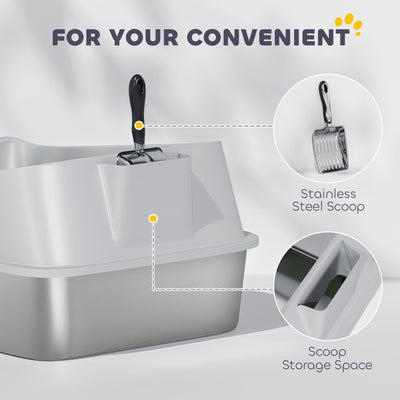 PawHut XXL Stainless Steel Cat Litter Box with High Sides, Metal Scoop, 70 x 50 x 30 cm 