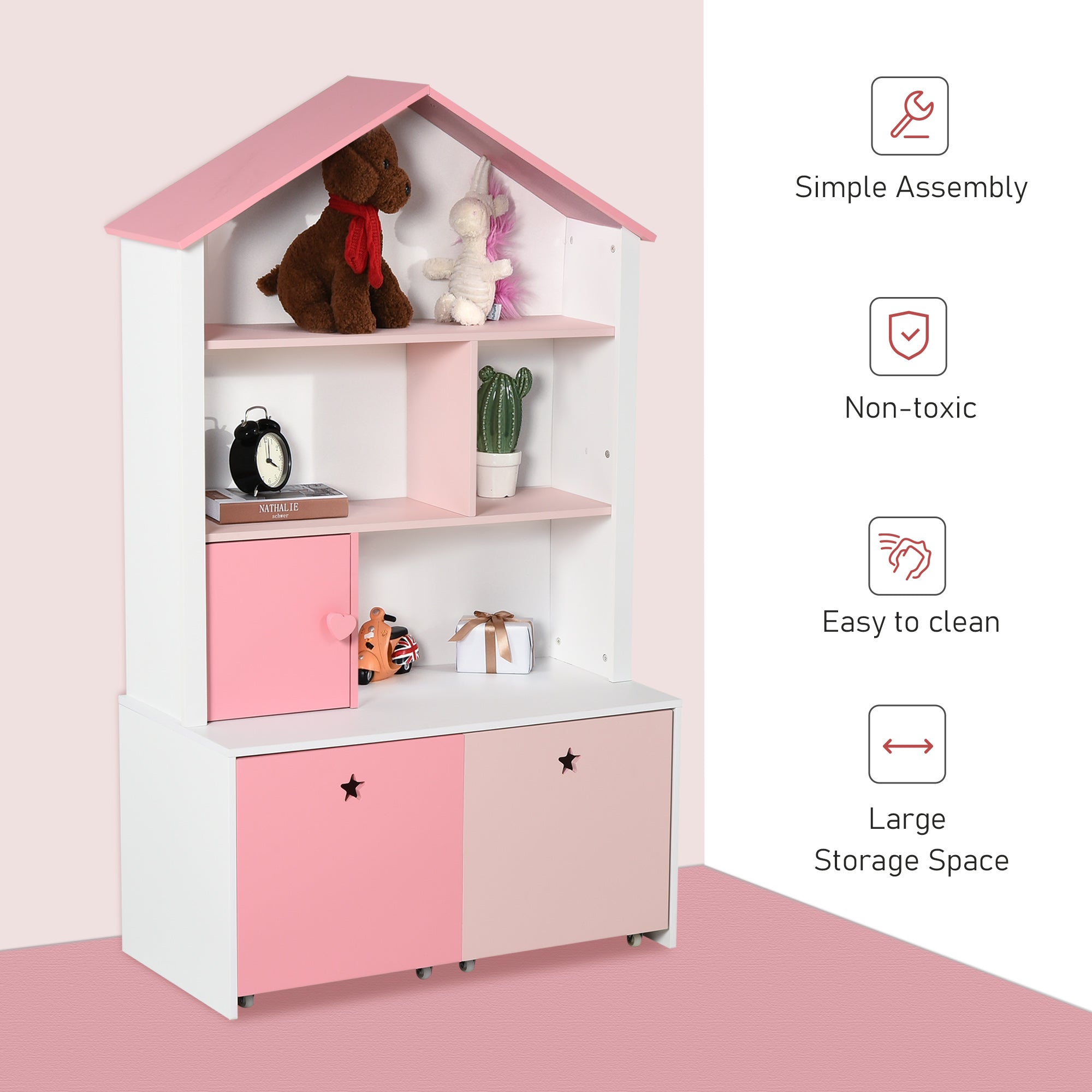HOMCOM Kids Bookshelf Chest w/ Drawer with Wheels Baby Toy Wood Organizer Display Stand Storage Cabinet 80x34x130cm Pink 