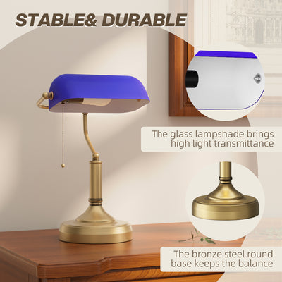 HOMCOM Banker's Desk Lamp with Antique Bronze Tone Base, Table Lamp with Blue Glass Shade for Home Office, Blue 