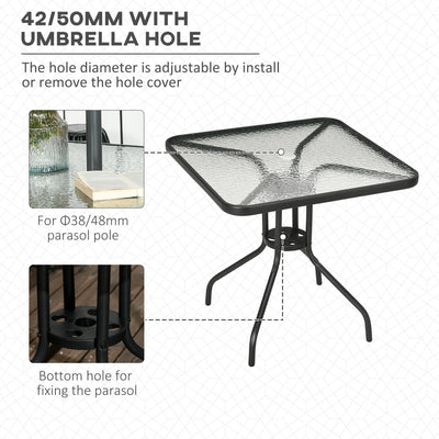 Outsunny Square Patio Table, Tempered Glass Top Bistro Table, Garden Dining Table, Outdoor Accent Coffee Table 76 x 76cm Steel Frame with Umbrella Hole 