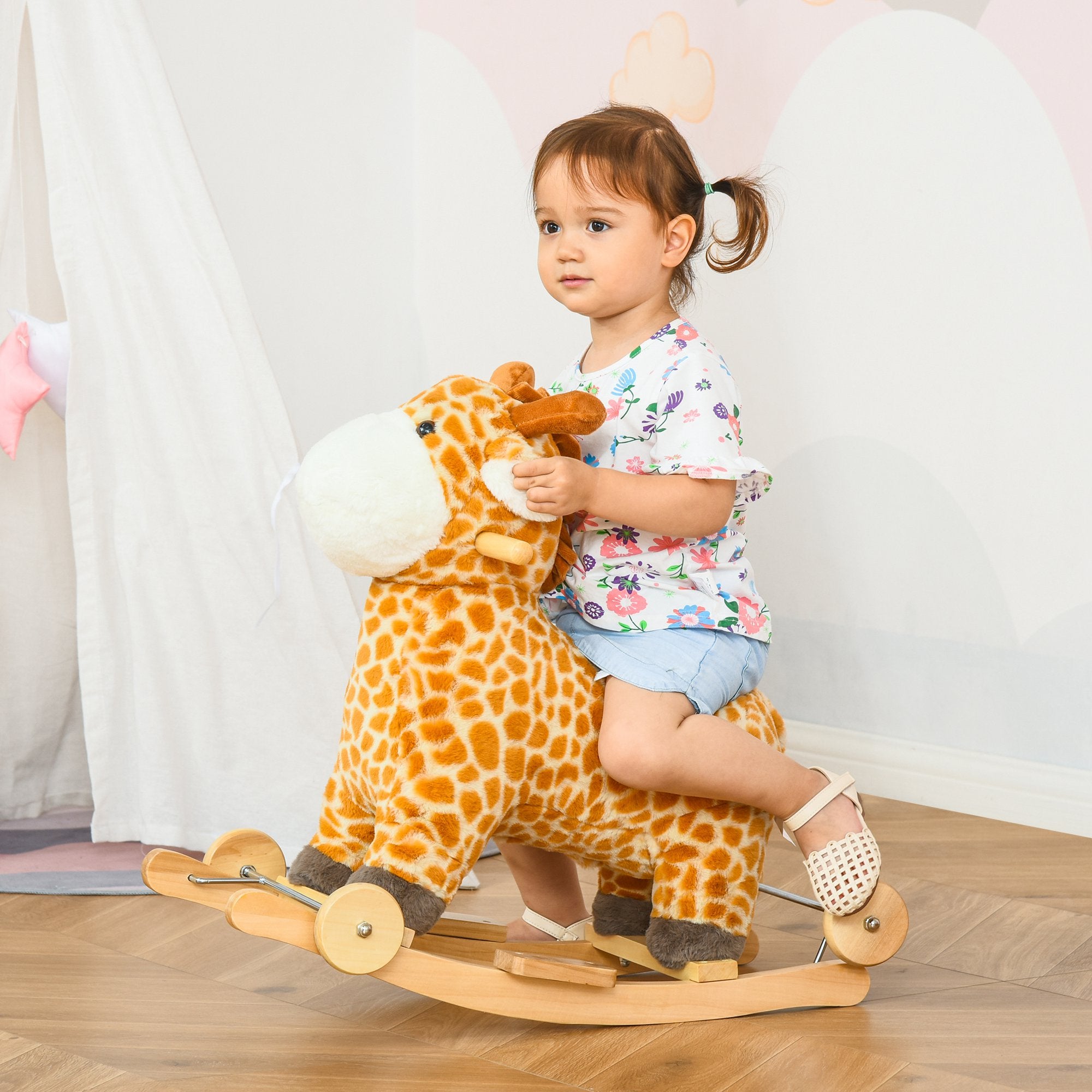 HOMCOM 2 In 1 Kids Todder Rocking Horse Plush Ride On Giraffe Rocker with Wheels Wooden Base Animal Sounds for 3-6 Years 