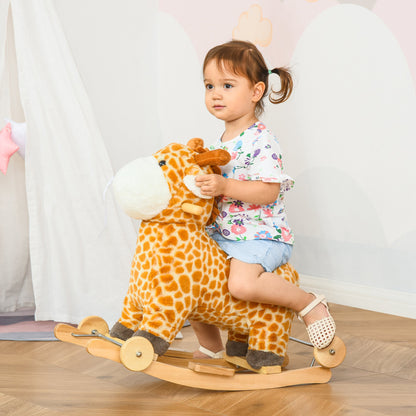 HOMCOM 2 In 1 Kids Todder Rocking Horse Plush Ride On Giraffe Rocker with Wheels Wooden Base Animal Sounds for 3-6 Years 