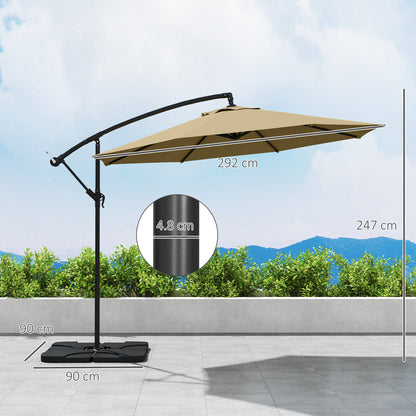 Outsunny 3m Overhanging Parasol, with Base, Weights and Cover - Sand brown 