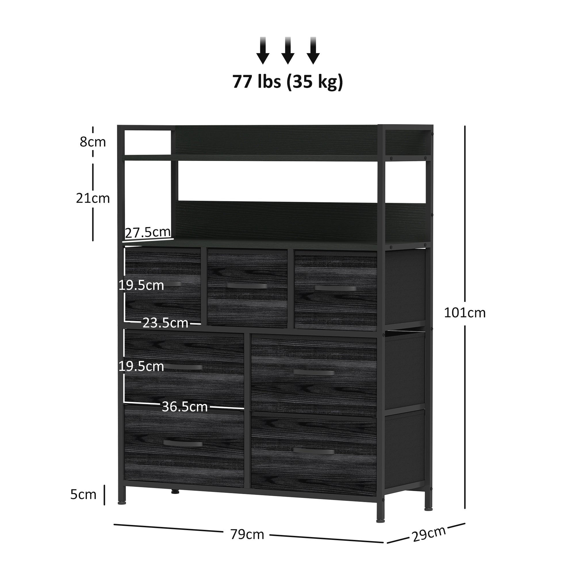HOMCOM Rustic Chest of Seven Fabric Drawers - Black 