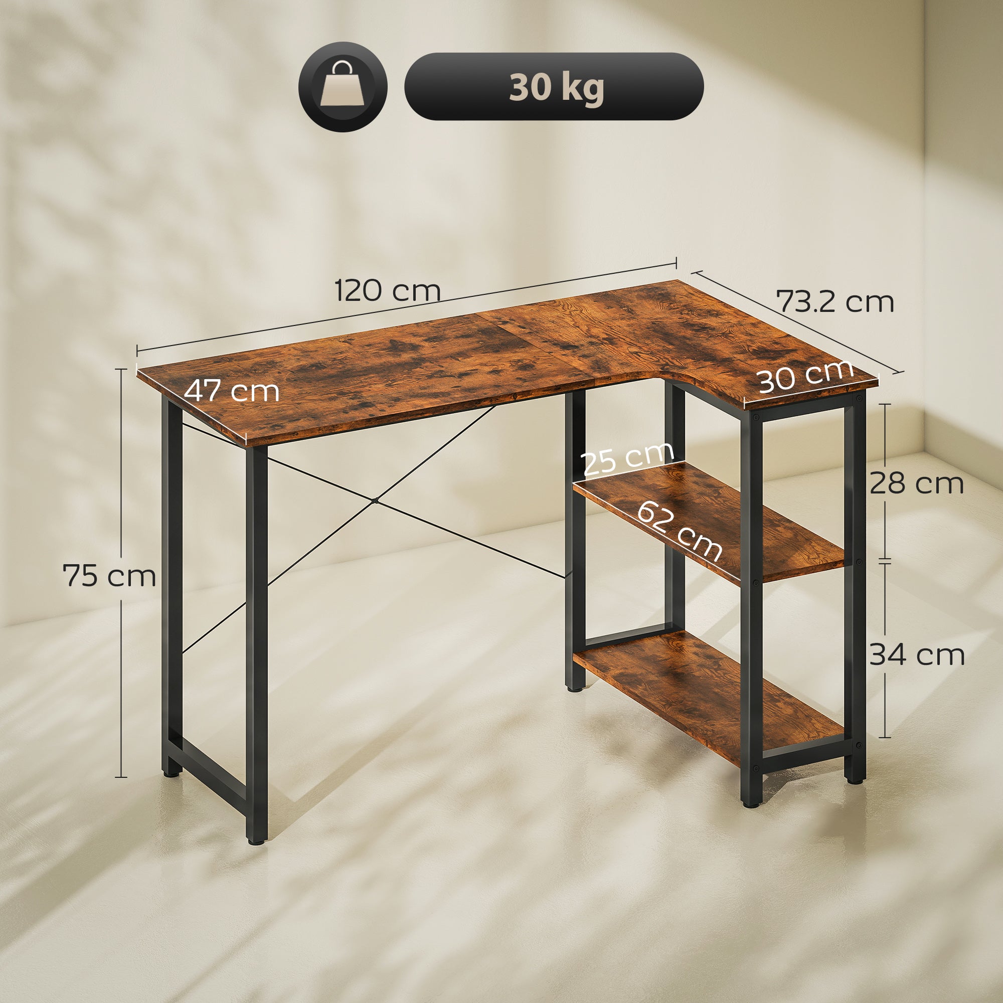 HOMCOM L Shaped Desk, Corner Computer Desk with Bookshelf for Home Office, Study Room, Workstation, 120 x 73.2 x 75cm, Rustic Brown 