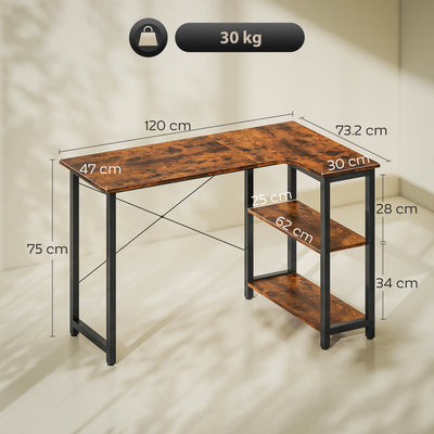 HOMCOM L Shaped Desk, Corner Computer Desk with Bookshelf for Home Office, Study Room, Workstation, 120 x 73.2 x 75cm, Rustic Brown 
