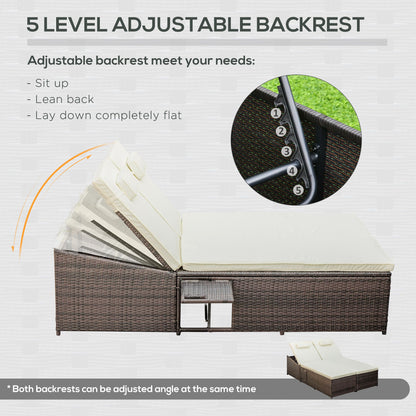 Outsunny 2 Seater Double Rattan Sun Lounger Recliner Day Bed Outdoor Wicker Weave Furniture Sofa w/ Fire Retardant Cushions – Cream 