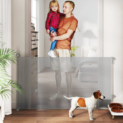 PawHut Retractable Stair Gate Extends Up to 140 cm Wide, Dog Gate for Doorways, Stairways, Hallways, Grey 