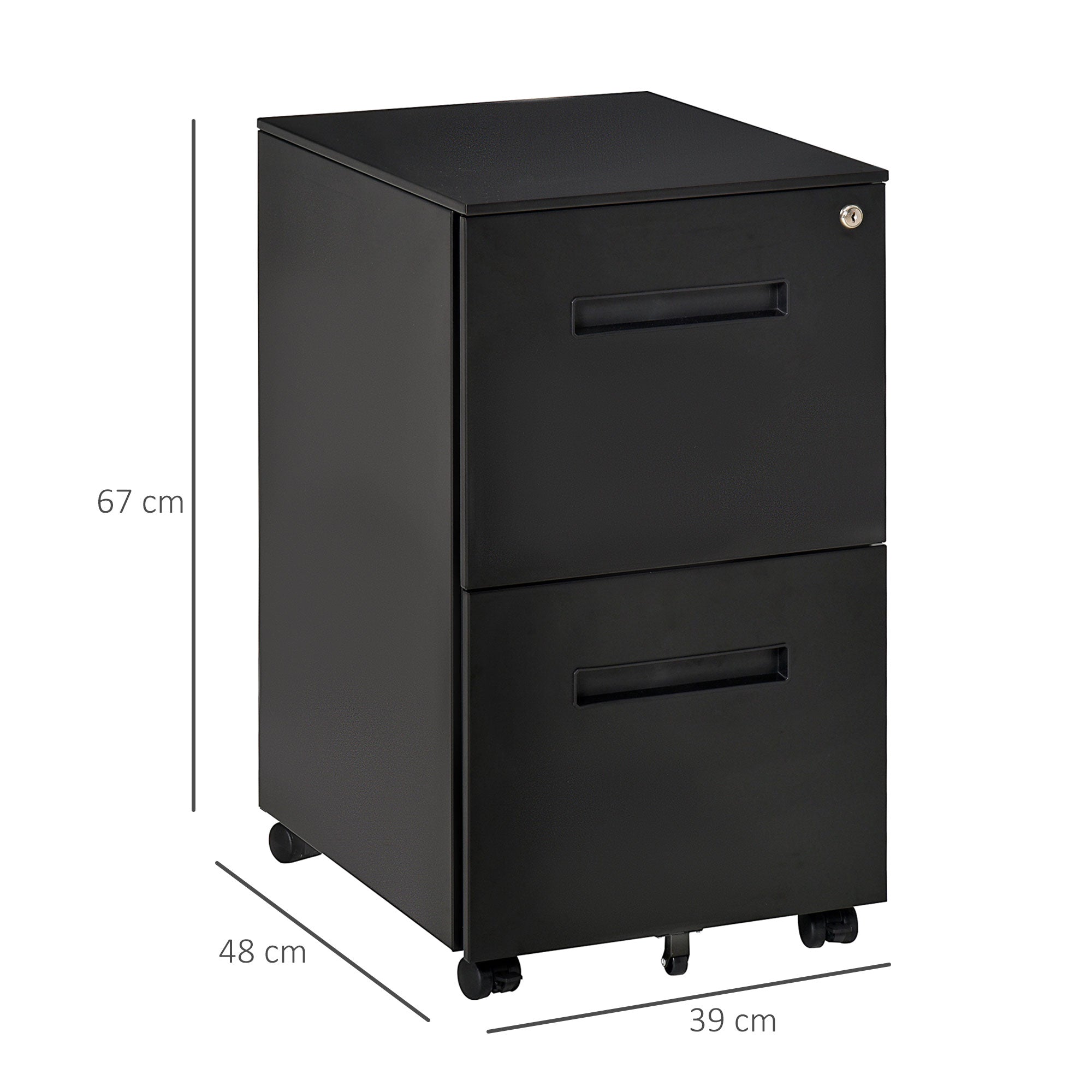 Vinsetto Metal Mobile File Cabinet with Wheels, Lockable 2 Drawer Filing Cabinet for A4, Legal, Letter, Compact Under Desk Storage Unit with Pre-Assembled Body for Home Office, 39 x 48 x 67cm, Black 