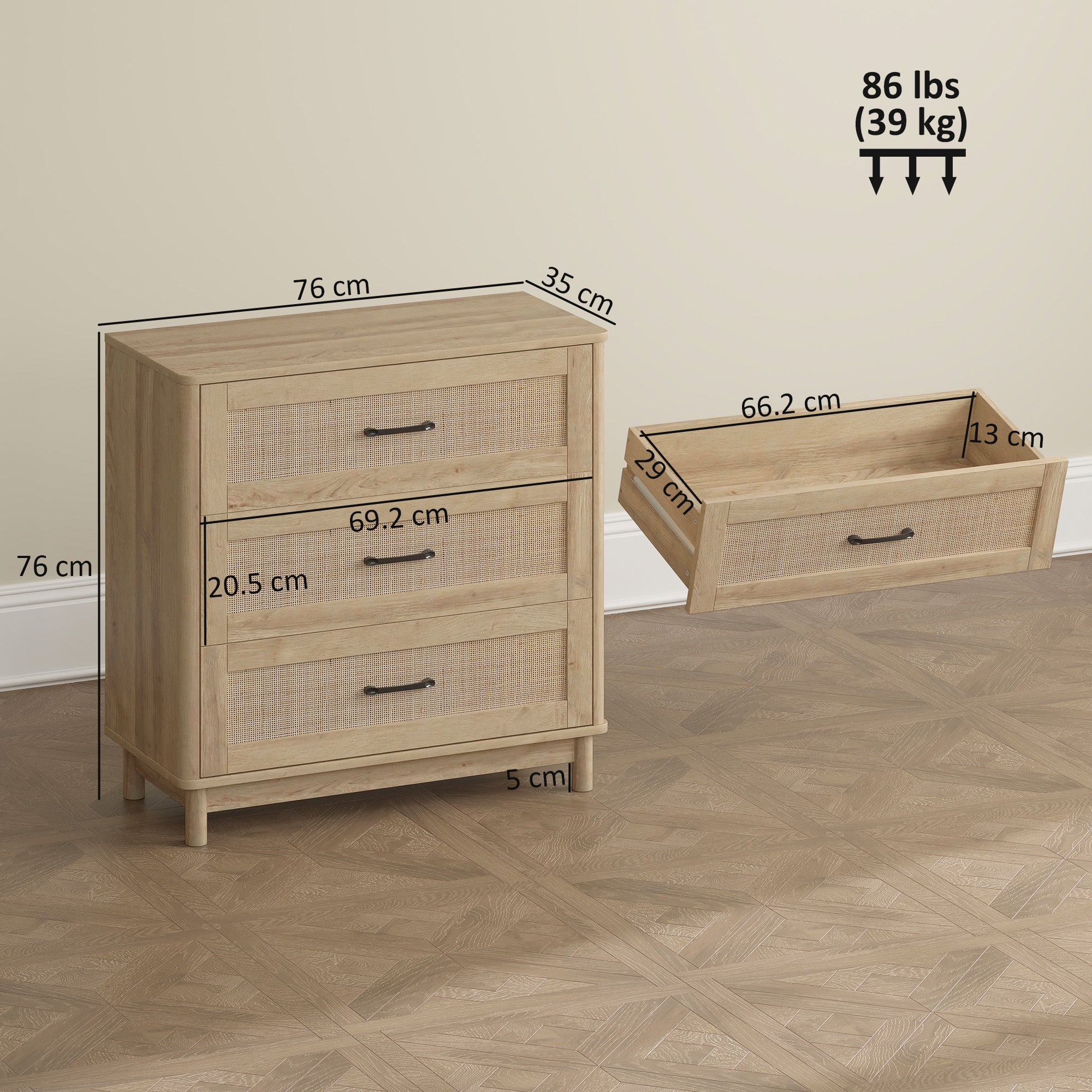 HOMCOM 76 cm Wide Drawer Chest of Drawers with 3 Drawer - Oak 