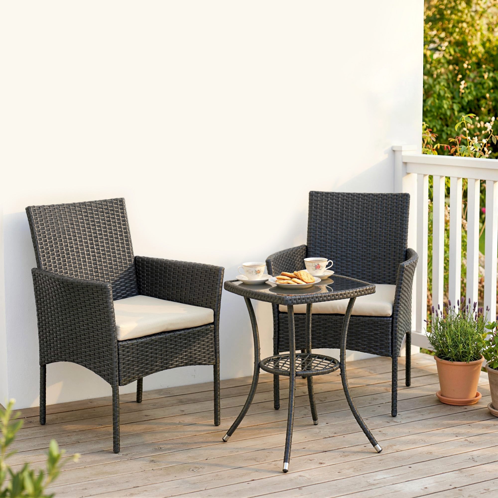 Outsunny 3 Piece Rattan Bistro Set, PE Wicker Garden Furniture Conversation Set with 2 Tier Glass-Top Table, Chairs, Cream White 