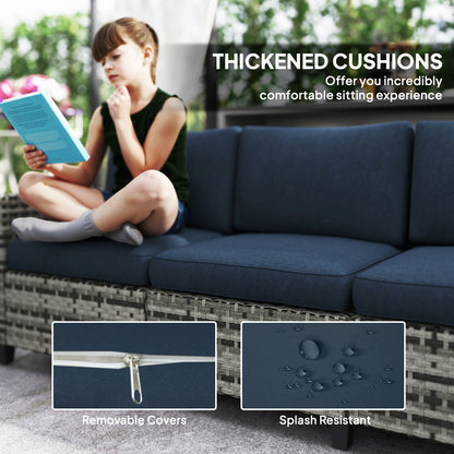 Outsunny 6 Pieces Rattan Garden Furniture Set, 5 Seater Wicker Outdoor Furniture Set with 2 Armchairs, Steel Frame Coffee Table and Cushions for Balcony, Porch, Navy Blue 