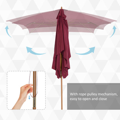 Outsunny 2 x 3m Wooden Garden Parasol Umbrella Outdoor Sun Shade Canopy, Wine Red 