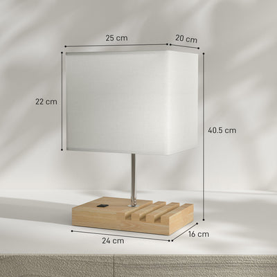 HOMCOM Bedside Lamp with USB A+C Charging Ports and 3 Phone Stands, Modern Table Lamp with Solid Wood Base and Fabric Shade for Bedroom Living Room Office, E27 Socket, Bulb Not Included, White 
