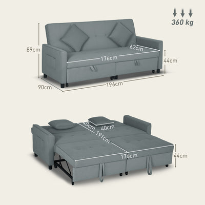 HOMCOM Three-Person Velvet-Feel Sofa Bed - Grey 