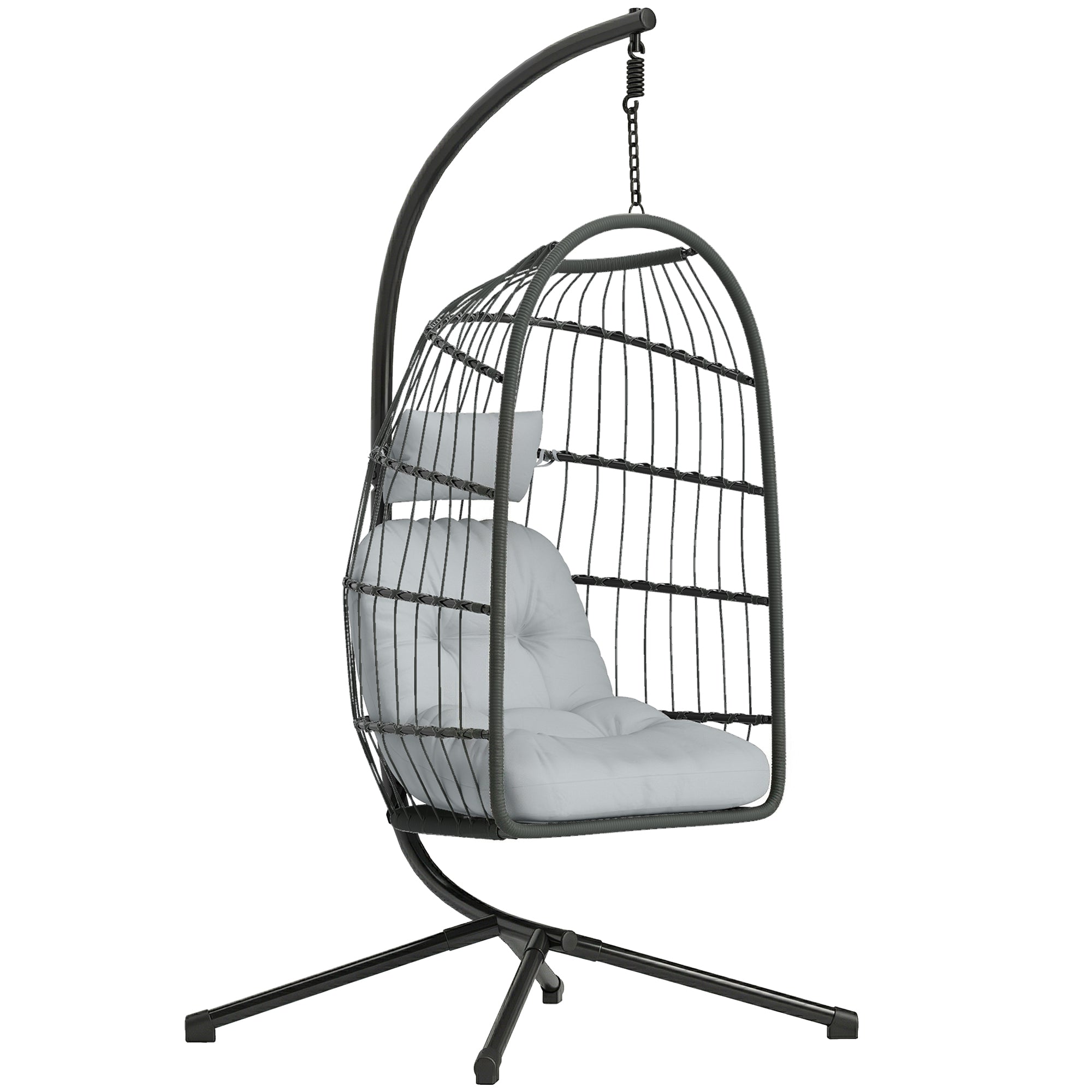 Outsunny Hanging Egg Chair, Indoor Outdoor Hammock Swing Chair with Stand, Safety Strap, Foldable Basket, Dark/Light Grey 