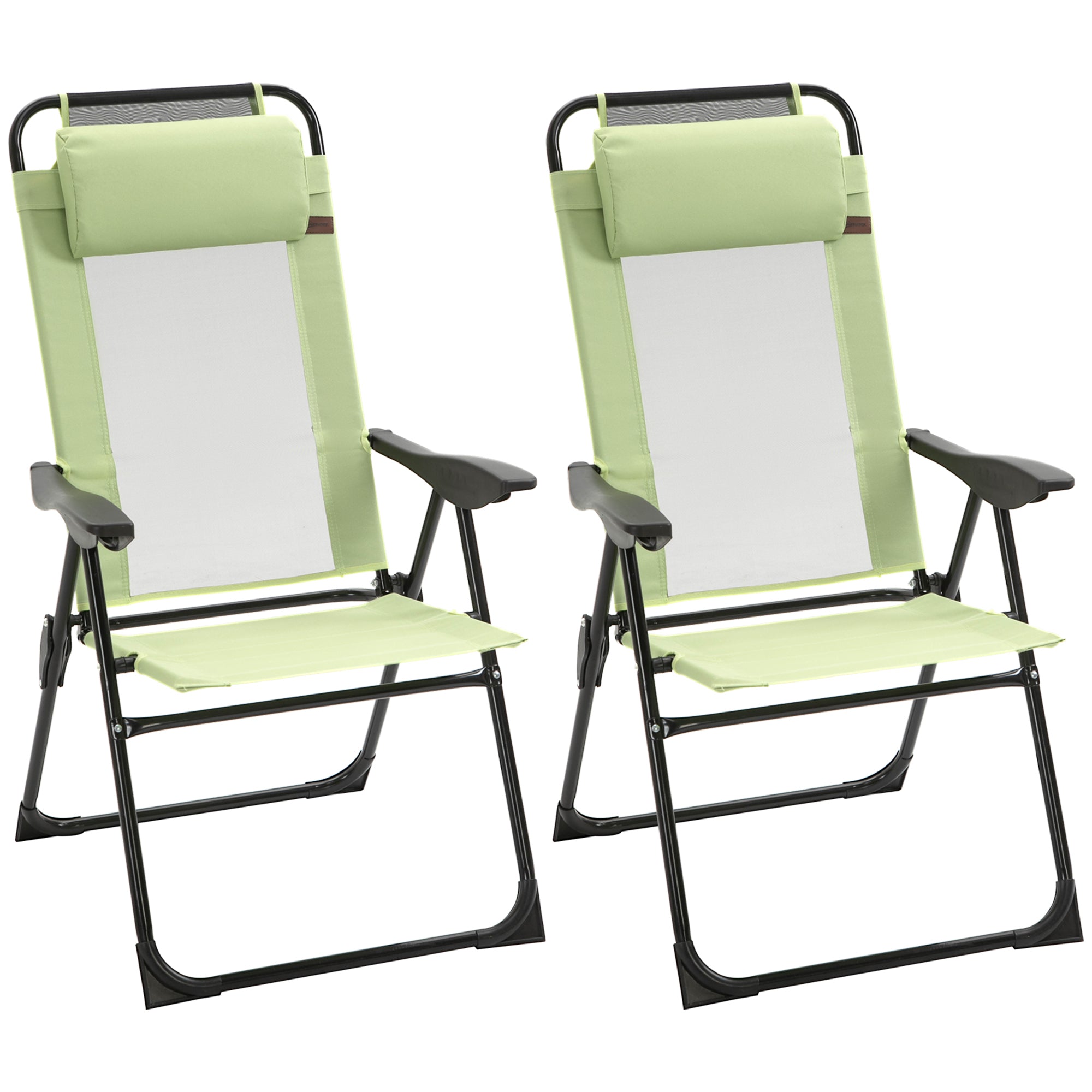 Outsunny Folding Garden Chairs Set of 2, 5-Position Recliner Camping Chair with High Back, All Weather Texteline Seat, Portable Outdoor Dining Chairs with Headrests for Patio, Picnic, Green 