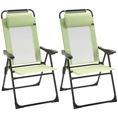 Outsunny Folding Garden Chairs Set of 2, 5-Position Recliner Camping Chair with High Back, All Weather Texteline Seat, Portable Outdoor Dining Chairs with Headrests for Patio, Picnic, Green 