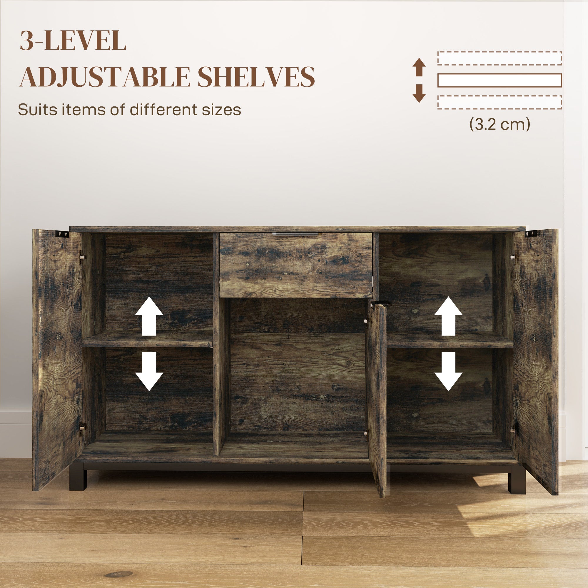 HOMCOM Sideboard, Industrial Storage Cabinet with Doors, Drawer, Cupboard and Adjustable Shelves for Living Room, Dining Room, Hallway, Rustic Brown 