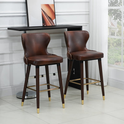 HOMCOM Bar Stools Set of 2, PU Leather Vintage Counter-Height Bar Chair, Luxury European Style Kitchen Stools with Back, Brown 