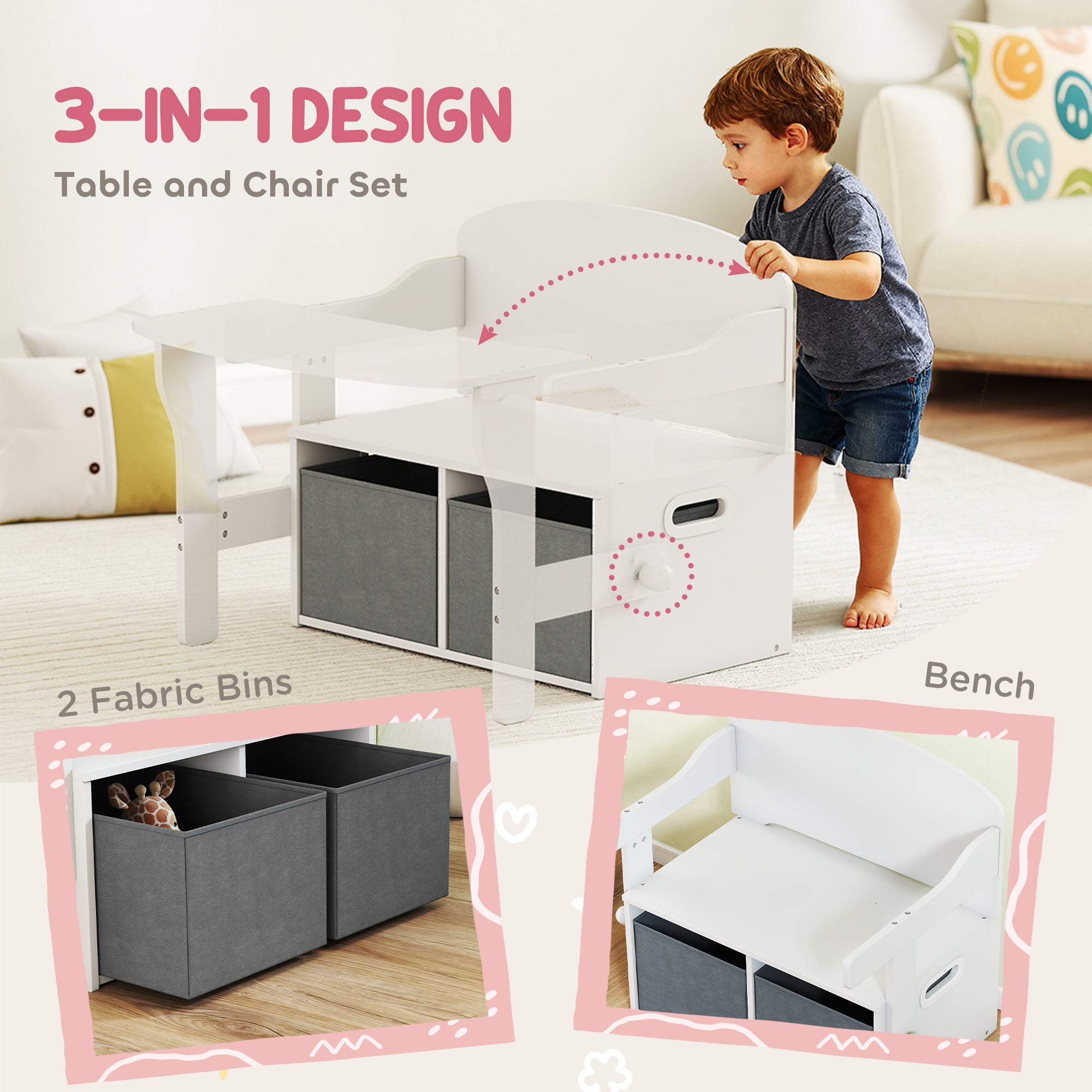 AIYAPLAY 3 in 1 Kids Storage Bench, Convertible Children Table and Chair Set with 2 Fabric Bins, Toy Storage Box, White 