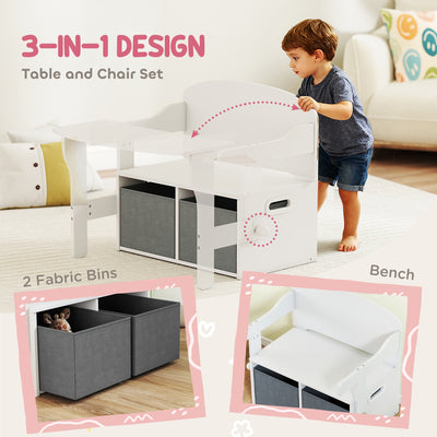 AIYAPLAY 3 in 1 Kids Storage Bench, Convertible Children Table and Chair Set with 2 Fabric Bins, Toy Storage Box, White 