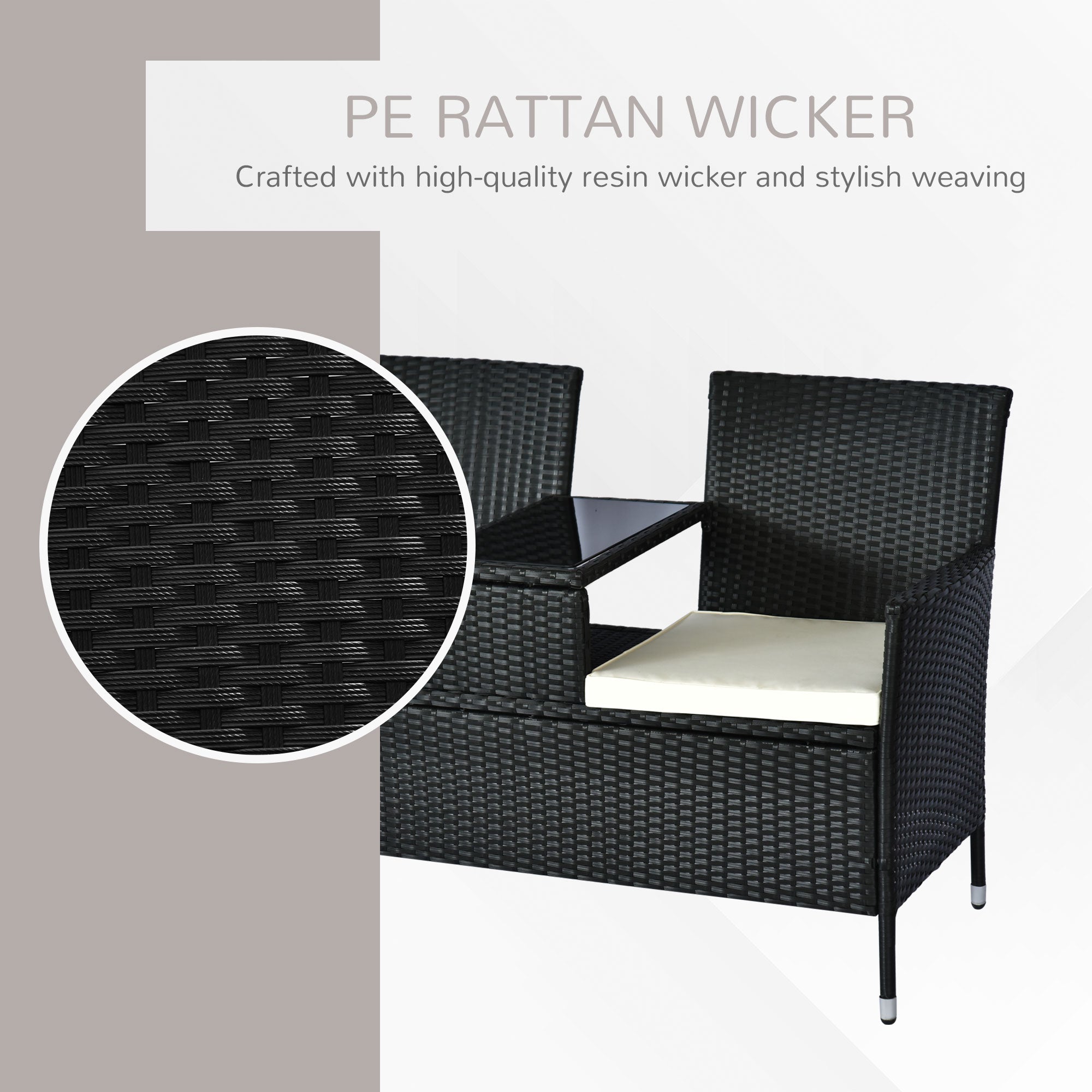 Outsunny 2 Seater Rattan Campanion Chair Wicker Loveseat Outdoor Patio Armchair with Drink Table Garden Furniture - Black 
