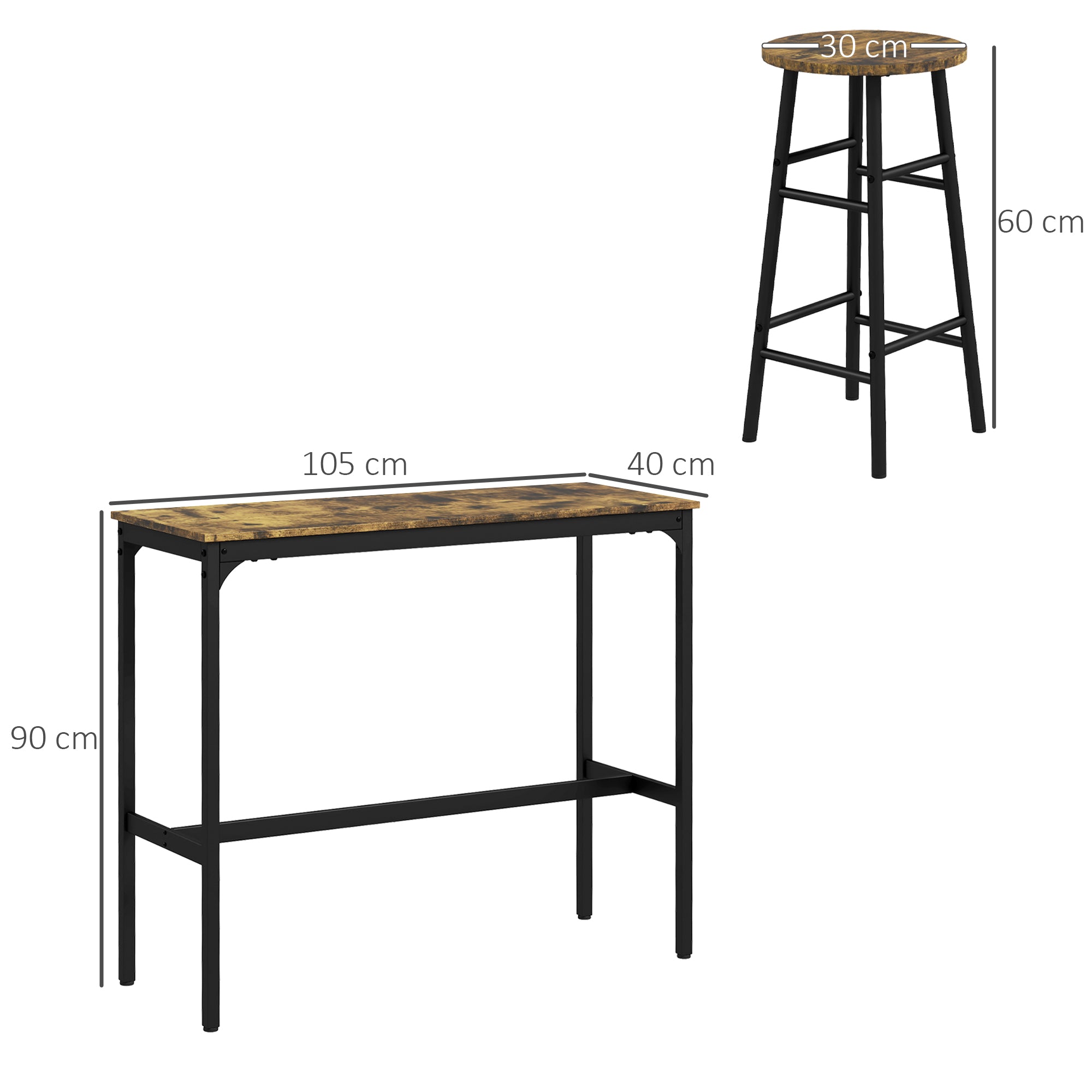 HOMCOM 3 Piece Bar Table Set with 2 Stools, Industrial Bar Table and Stool Set, Dining Table and Chair Set, Rustic Brown 