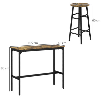 HOMCOM 3 Piece Bar Table Set with 2 Stools, Industrial Bar Table and Stool Set, Dining Table and Chair Set, Rustic Brown 