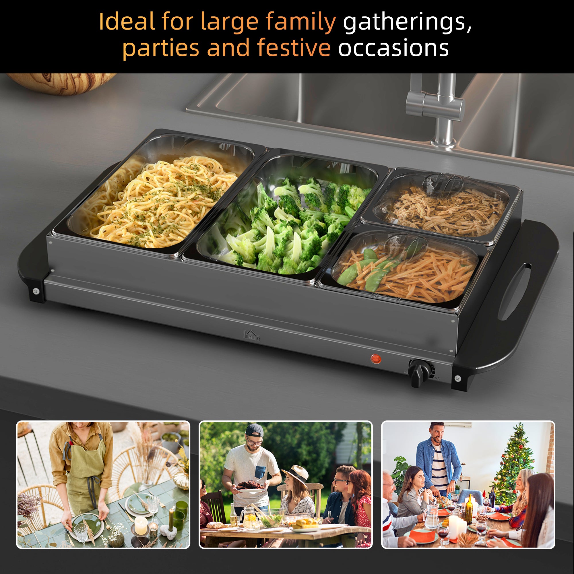 HOMCOM 4 Tray Electric Food Warmer Buffet Server with Warming Plate, Cool Touch Handles, Adjustable Temperature, 300W, 2 x 2.4L and 2 x 1L Pans 