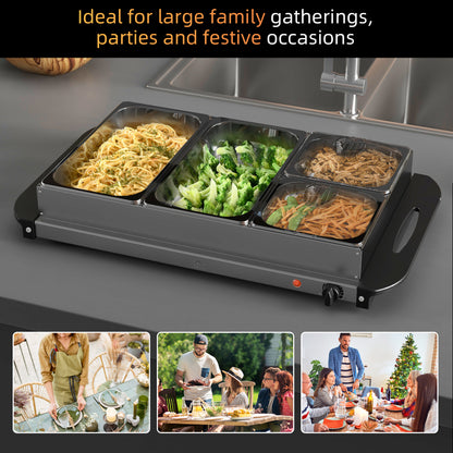 HOMCOM 4 Tray Electric Food Warmer Buffet Server with Warming Plate, Cool Touch Handles, Adjustable Temperature, 300W, 2 x 2.4L and 2 x 1L Pans 