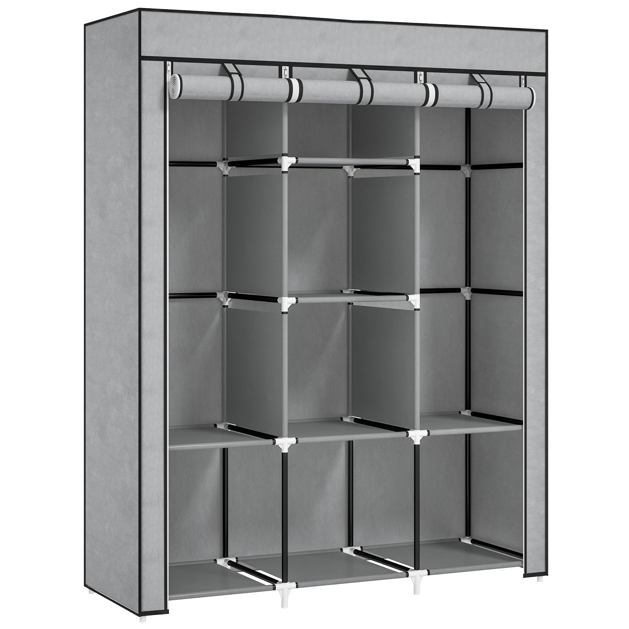 HOMCOM Fabric Wardrobe, Portable Wardrobe, Clothes Storage Unit with 8 Shelves, 2 Hanging Rods, 125 x 43 x 162.5 cm, Light Grey 