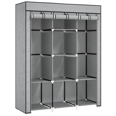 HOMCOM Fabric Wardrobe, Portable Wardrobe, Clothes Storage Unit with 8 Shelves, 2 Hanging Rods, 125 x 43 x 162.5 cm, Light Grey 